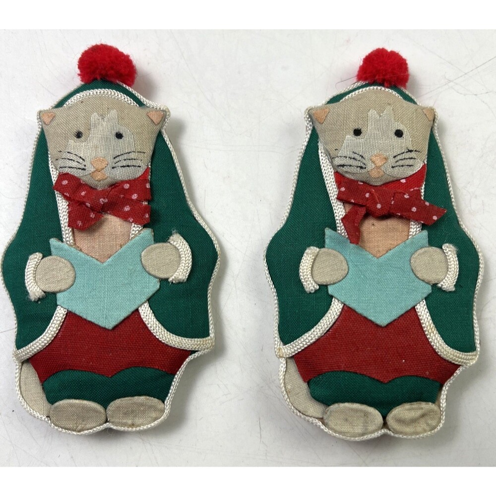 Vintage Set of 2 Fabric Christmas Magnets Kitty's